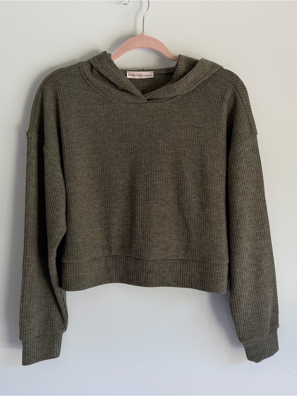 Zenana Ribbed Cropped Hooded Pullover  - Olive Green